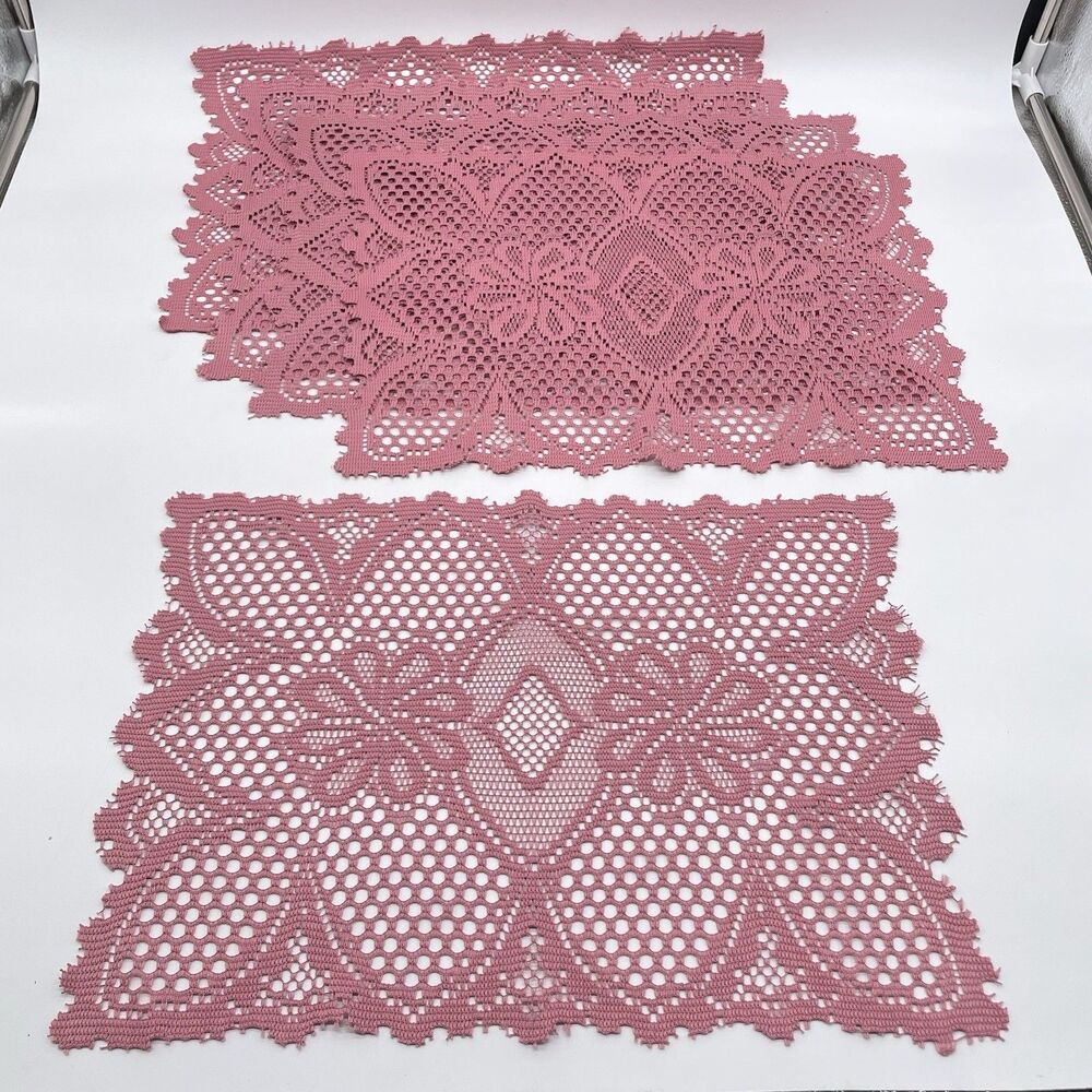 Vintage Pink Crochet Lace Placemats Lot of 5 17x12 Shabby Chic Cottage Decor